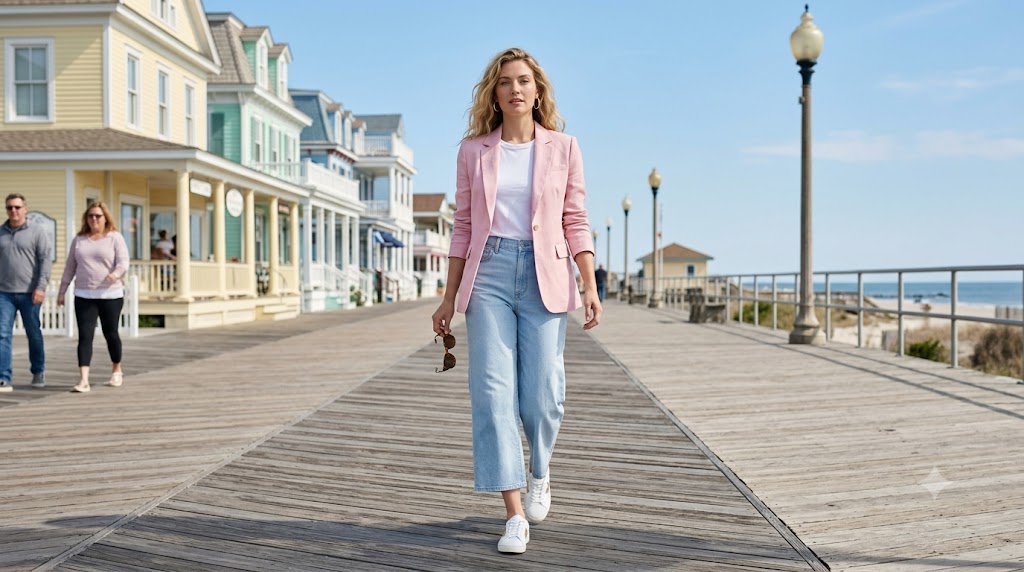 Pastel Pink Linen Blazer & Denim Culottes